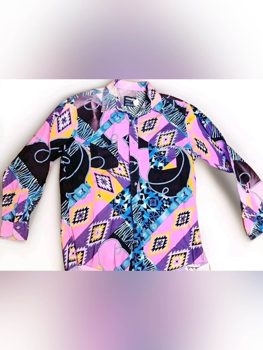 Wrangler Mens Pink, Blue & Black 90s/80s Cowboy Button-Down Shirt